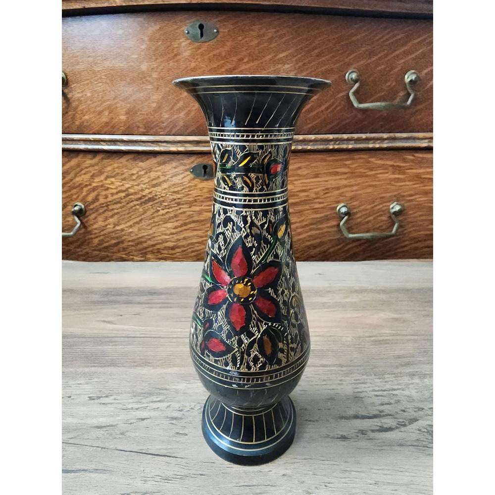 Vintage Black Inlaid Floral Decorative Vase approximately 7½" Tall